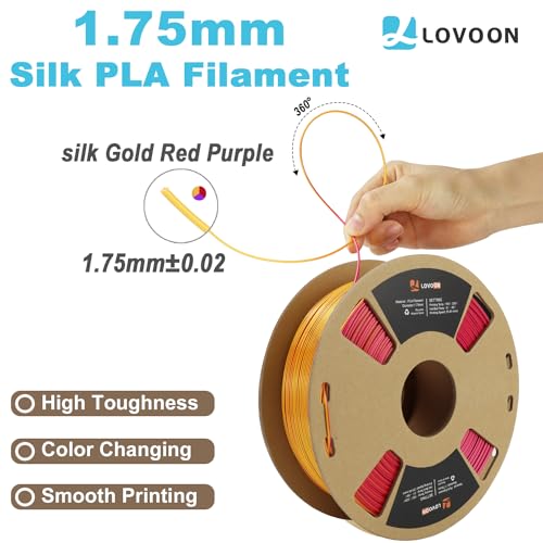Image of LOVOON 3D Printer Filament Tricolors, Color Change by Angle PLA Filament 1.75mm, Silk PLA Filament, Gold Red Purple Three Colors, Most 3D Printer and 3D Pen Compatible, 1KG(2.2lbs) /Spool