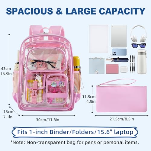 Image of Pink Clear Backpack for School,Heavy Duty PVC Transparent Bookbag for Stadium Events Sports, Girls See Through BackPack Fits 15.6 inch Laptop for Women Work Travel