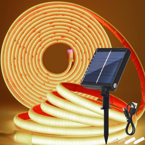Wisada 24V Solar COB Neon Band 8 Modi Lichtband Außen IP68 Lichterkette Selbstklebend 320LEDs/m Superheller COB LED Stripe Cuttable LED Streifen für Terrasse Innenhof (Warmweiß0.5m)