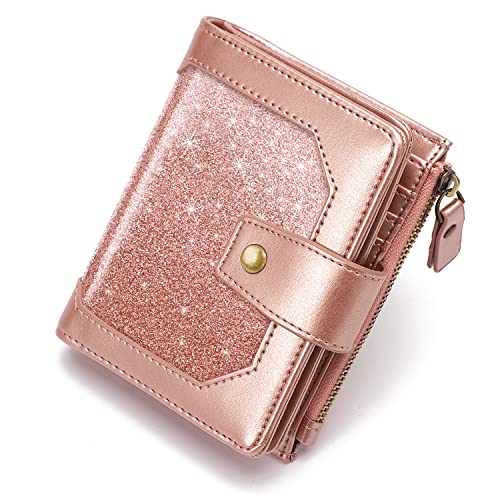 Image of Small Glitter Women Wallet,Bifold Purse RFID Blocking Credit Card Holder Wallet with Zipper Pocket,Rose Gold Glitter