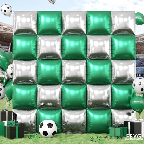 Image of Metallic Green Silver and Black Soccer Square Foil Balloons Wall,19 Inches Foil Balloons Tunnel Arch Garland Kit for Boy Sports Soccer Theme Birthday Party Decorations