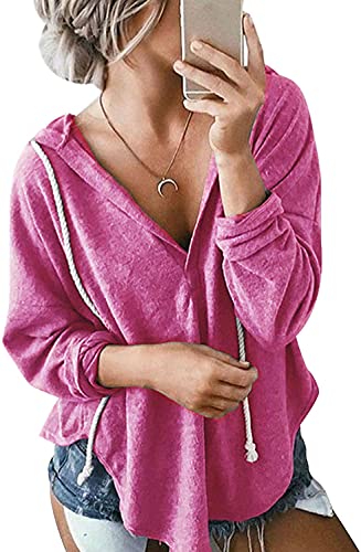Image of Womens Long Sleeve V Neck Hoodie Sweatshirts Lightweight Pullover Tops