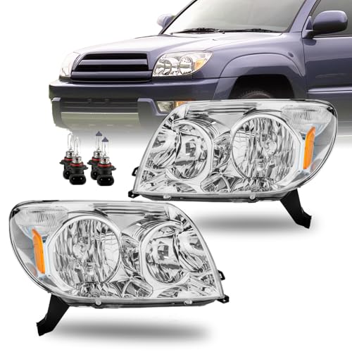 MerveilLuz Headlight Assembly with Bulbs Compatible with 2003 2004 2005 Toyota 4Runner Headlamp Chrome Housing Replacement Pair #8117035400 8113035420