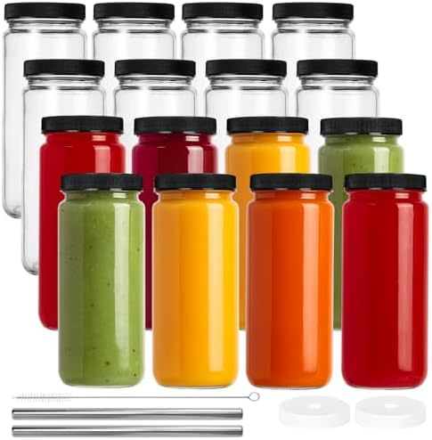 Reusable Clear Glass Juice Bottles 100% Leak Proof Stainless Steel Caps BPA Free