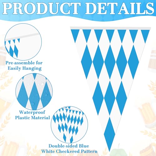 Image of 100 FT Oktoberfest Party Decorations, 3 Pack Pre-assemble Pennant Banner Flags, Plastic Blue and White Checkered Hanging Oktoberfest Decor German Bavarian Beer Festival Indoor Outdoor Party Supplies