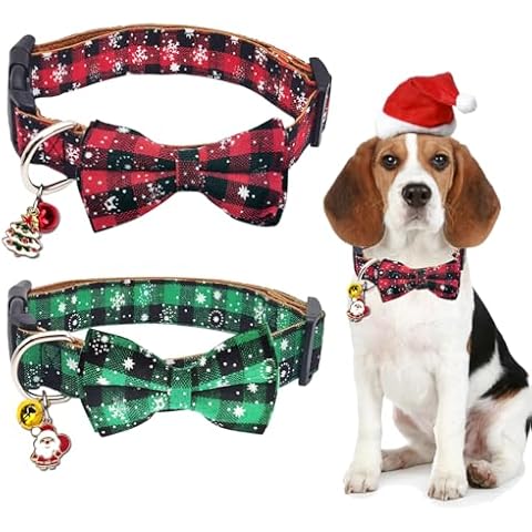 Christmas Dog Collar with Bow,Dog Collar Red Green Plaid Adjustable Christmas Collars for Dogs Pet Collars for Small Medium Large Dogs Cover