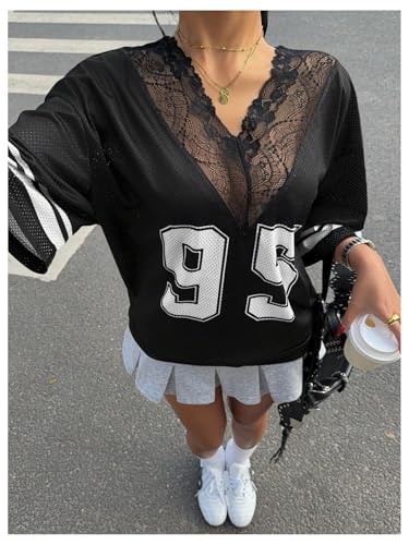 SweatyRocks Women's Half Sleeve Loose T Shirt Lace V Neck Graphic Tee Number Shirt3