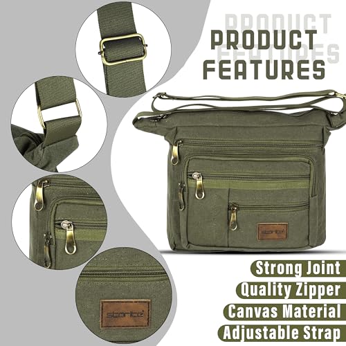 Image of Storite Canvas Sling Crossbody Messenger Bag for Men & Women Multi-Pocket One-Shoulder Travel Bag with Adjustable Strap (Olive - 27 x 10 x 23 Cm)