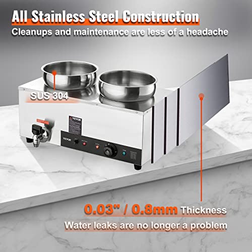 VEVOR Edelstahl Buffetwärmer Speisewärmer 1200 W, 2 x 8,1 L Buffetbehälter, φ180 x φ240 x 220 mm Jeder Suppentopf, inkl. Deckel & Ablaufhahn & Trockenbrennanzeige, für Kantine, Café, Restaurant usw. – Bild 6