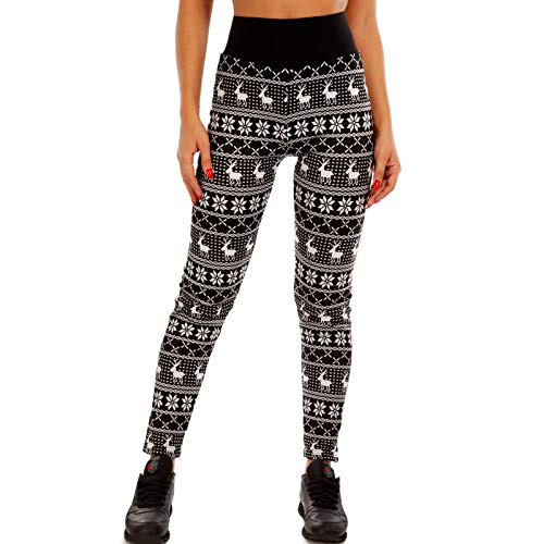 Crazy Age Winterleggings Thermoleggings warme Leggings mit Teddyfell mit Renntier Eiskristalle Motive (L/XL, Schwarz RT003)