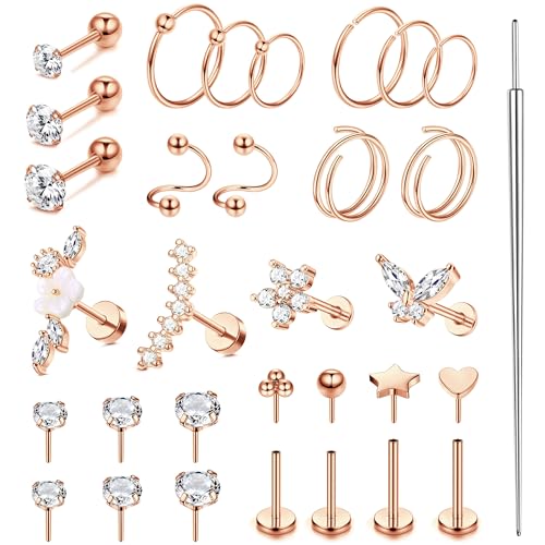 MILACOLATO Hypoallergenic Cartilage Earrings Stud Hoop for Women 16-20G Surgical Steel Tragus Earrings Push in Nose Studs Threadless Flat Back Earrings Lip Labret Daith Conch Helix Piercing Jewelry
