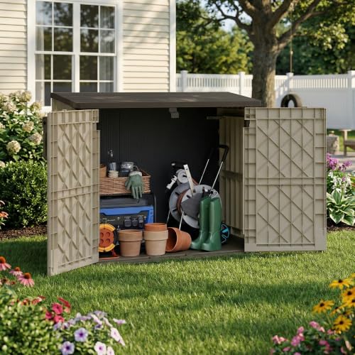 Image of LHBcraft Waterproof Outdoor Storage Box 36 Cu Ft with Lockable Doors, Portable Horizontal Resin Storage Cabinet, Outdoor Storage Shed for Backyards, Easy to Assemble