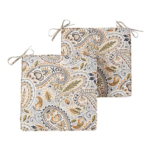 Outdoor 18 inch Square Patio Dining Chair Pads – Comfortable Fiber-Filled Seat Cushions with Ties, Reversible Polyester Fabric - Arctic Paisley, Set of 2