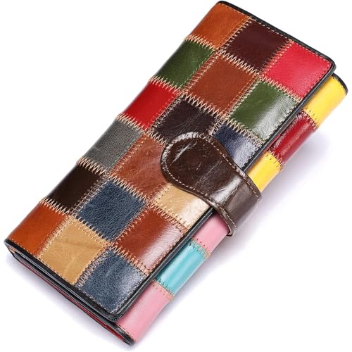 MASIWEI Genuine Leather Patchwork Wallet for Women Multicolor Trifold Wallets Ladies Card Holder Money Organizer with Coin Purse