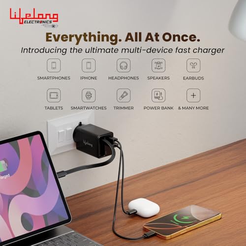 Image of Lifelong Electronics Travel Adapter Gan Fast Charger | 50W (25W Tangle-Free Retractable Type-C Cable + 25W Type C Port) | 18W USB A Port | for iPhone, iPad, Samsung, Nothing and All Phones & Tablets