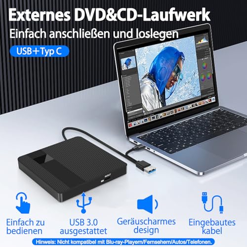 BNEHHOV Externes CD/DVD Laufwerk Extern mit USB 3.0 Type-C Externer DVD Brenner CD/DVD +/-RW Tragbar Laufwerk für Laptop Desktop PC und Mac OS für MacBook für Windows 11/10/8/7/XP Linux OS