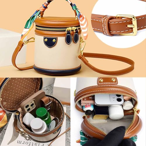 Colorblock Bucket Bag For Women,Colorblock Cylinder Fashion Leather Crossbody Bag For Travel, Vacation3