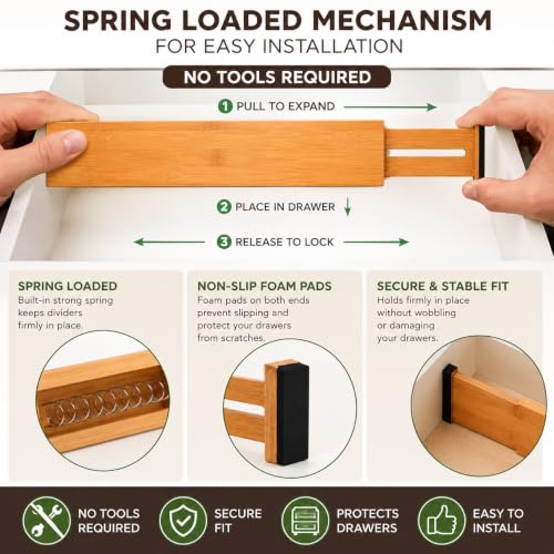 Image of Zollyss Drawer Divider, Bamboo Expandable Drawer Organizers Set of 4, Adjustable Drawer Separators for Kitchen, Dresser, Bedroom & Office, Fits 17-22 Inch Drawers, Natural