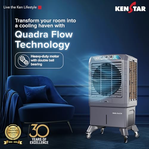 Image of Kenstar MAHA KOOL HC 90 L Desert Air Cooler|Anti-Bacterial Honeycomb Pads|High-Speed Fan|Inverter Ready|50Ft Powerful Air Throw|1-Yr Product Warranty+5-Yr Warranty on Pump&Motor|5-Star BEE Rating|Grey