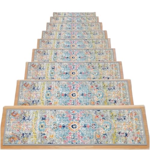 滑り止め階段マット,階段用カーペット, カーペット階段用踏み板 15枚パック 剥がして貼るだけ 木製階段用 屋内用 マルチカラー 30x8インチ(Color 05)