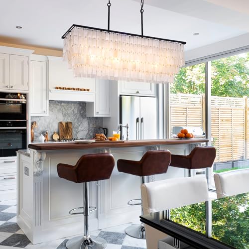 TOCHIC Capiz Shell Chandelier, 9 Lights Coastal Chandelier Light Fixture, Modern Black Boho Chandeliers for Dining Room, Rectangular Shell Pendant Light for Living Room, Kitchen Island, 3 Tiers, 40" L - Image 4