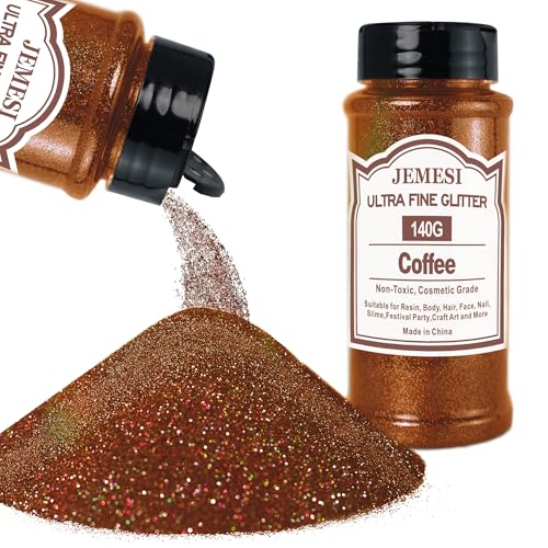 JEMESI Polvo de purpurina de café, 140 g – 0,2 mm, ultrafina, purpurina para resina epoxi, manualidades, pintura en vasos y velas; purpurina cosmética, polvo para uñas, pelo brillante corporal