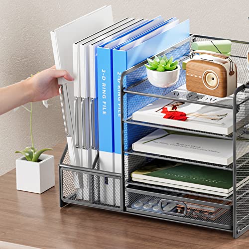 Image of Marbrasse 5-Tier Paper Letter Tray Organizer with Drawer and Pen Holder, Mesh Desktop Organizer and Storage with Magazine Holder for Office Supplies (Grey)