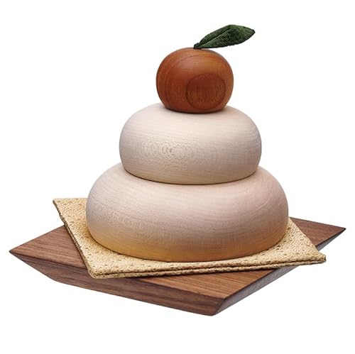 スマート・アイ(smart-i) 木でつくった鏡もち 木製鏡餅 日本製 木工職人手作り 台座付き 正月飾り モダンデザイン 卓上置き物 コンパクト収納 台座x金襴敷き物付き