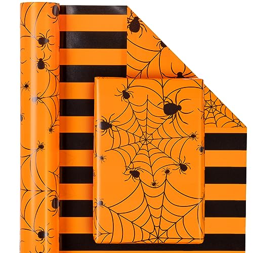 WRAPAHOLIC Halloween Reversible Wrapping Paper Roll - Mini Roll - 17 Inch X 33 Feet - Spider Design Perfect for Halloween Decorations Holiday Party