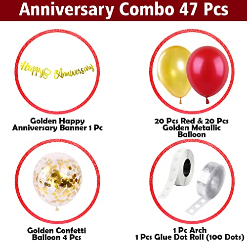 Image of Party Propz Happy Anniversary Decoration Items Kit - 47 Pcs Red and Golden Metallic Happy Anniversary Balloon Decoration Set with Golden Banner and Confetti Balloon, Date Night and Proposal Decor