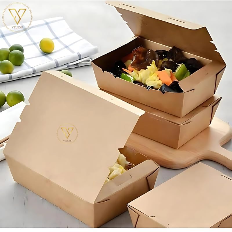 Image of Brown Kraft Paper Food Box | 17x15x4.5 CM | 750ml | Pack of 25 | Takeaway Containers | Biodegradable & Disposable Food Containers for Meal, Party Catering, Takeout, and Delivery