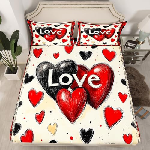 Love Pattern Fitted Sheets Twin Size,Valentine's Day Bedding Set 2Pcs for Kids Girls Boys Adult Room Decor,Couple Lovers Bed Cover Romantic Red Black Deep Pocket Sheet (No Flat),1 Pillowcase