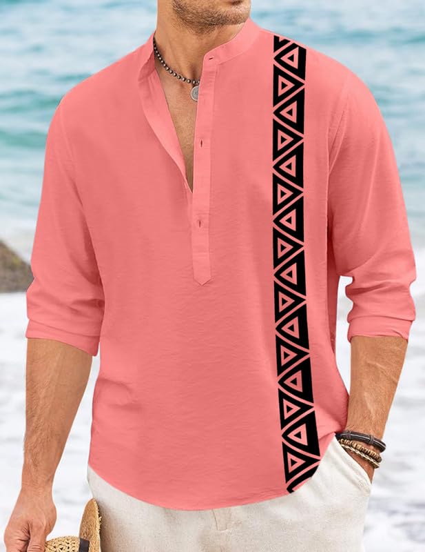 Image of FINIVO FASHION Men's Short Kurta with Printed Geometric Side Panel | Cotton Blend Full Sleeve Ethnic Topwear with Mandarin Collar | Stylish Indo-Fusion Kurta for Daily, Festive, or Casual Wear