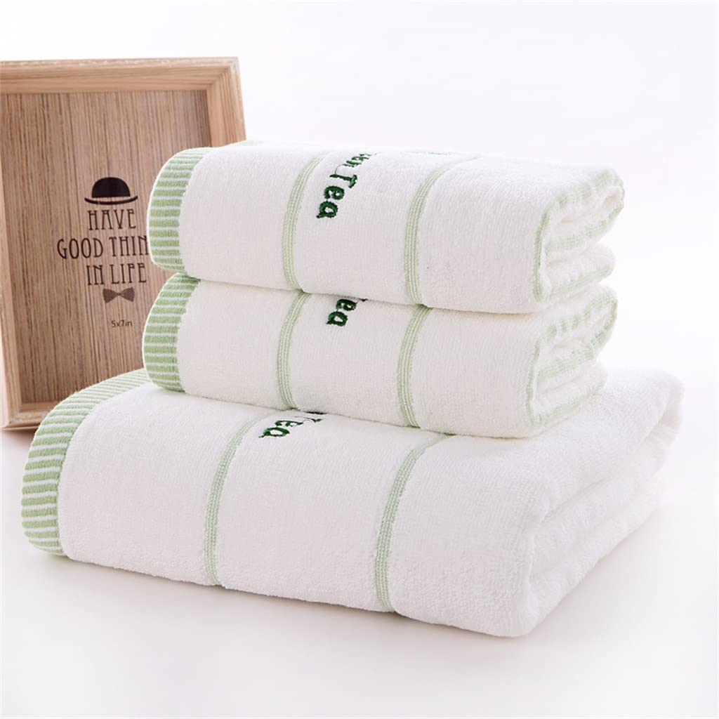 3 Pieces Towel Set Bathroom Towels Cotton Embroidered Letters Green Tea Simple Beach Towels for Adults Color A