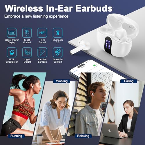 Image of Wireless Headphones Bluetooth 5.3 Ear Buds for Samsung Galaxy A17 /A16 /A15 /S25 /S24 /S23 /S22 /iPhone 17 /16 HiFi Stereo Earbuds with 60H Playtime Noise Canceling in-Ear Earphones for Pixel 10 Pro /9a /9 /8 /7