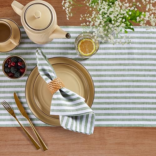 Image of Solino Home 100% Linen Napkins, 20 x 20 in, Green, Amalfi Stripe, Set of 4 | soft napkins for daily meals and celebrations, woven stripe, European flax fibres, machine washable, fine, OEKO-TEX Certified