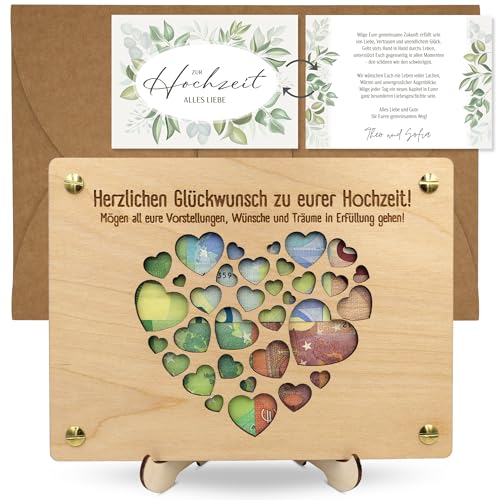 ZUKLA Verpackung für Geldgeschenke zur Hochzeit Herz XL 20 x 15 cm mit Umschlag - Hochzeitskarte Geldgeschenk Verpackung Holz - Hochzeitsgeschenk für das Brautpaar - Hochzeitsgeschenk Geld
