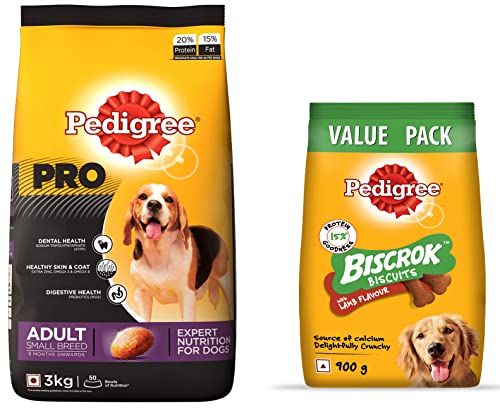 Image of Pedigree PRO Expert Nutrition, Adult Small Breed Dogs (9 Months Onwards) Dry Dog Food, Chicken, 3kg Pack & Adult Biscrok Biscuits Dog Treat (Above 4 Months) Lamb Flavour, 900g Pack