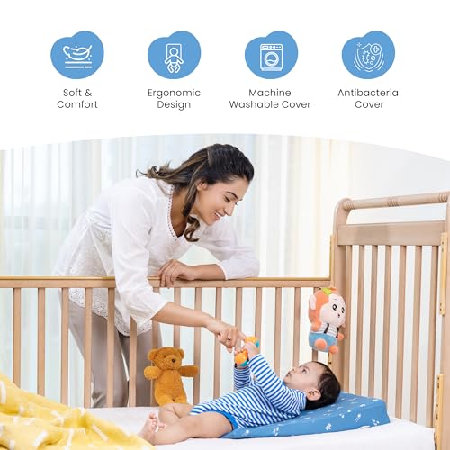 Image of Cherilo Standard Elevated Wedge Baby Pillows for New Born, Pillow for Kids, Crib & Mattress, Prevents Acid Reflux, Colic, GERD, Heat Burn & Vomiting, 14 inch x 19 inch x 3.5 inch, with Cover, Star Design, Blue