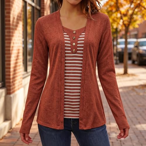 Long Sleeve Tops for Women Trendy Striped Layered 2 in 1 Button Down Shirt - image 2
