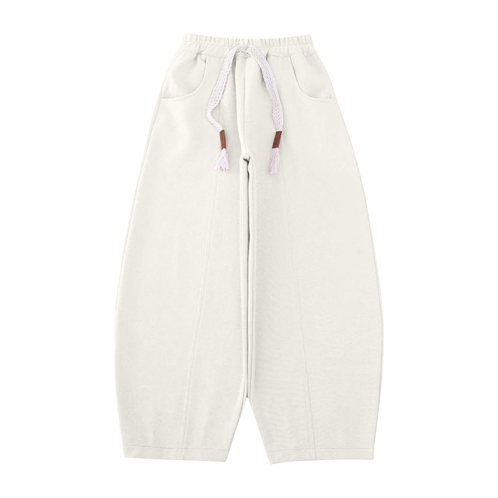 Wide Leg Pants for Teen Girls Casual Barrel Pants High Waisted Baggy Sweatpants Kids Drawstring (White, 9-10 Years)