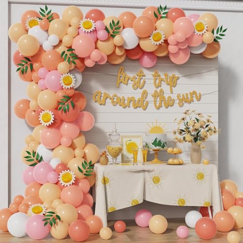 First Trip Sun Theme Brithday Balloon Garland Kit with Balloons Sun Paper Cards Boho Sun 1st Birthday Decorations for Sun Theme First Birthday Party Supplies (Pink)