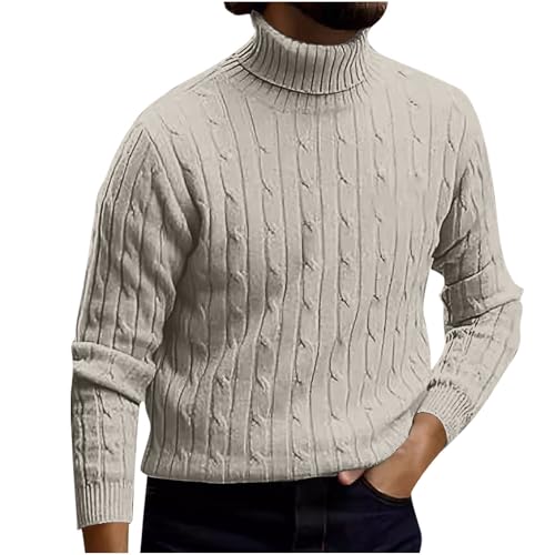 Men's Cable Knit Sweater Fall Winter Warm Soft High Collar Pullover Casual Twist Textured Sweaters with Ribbing Edge