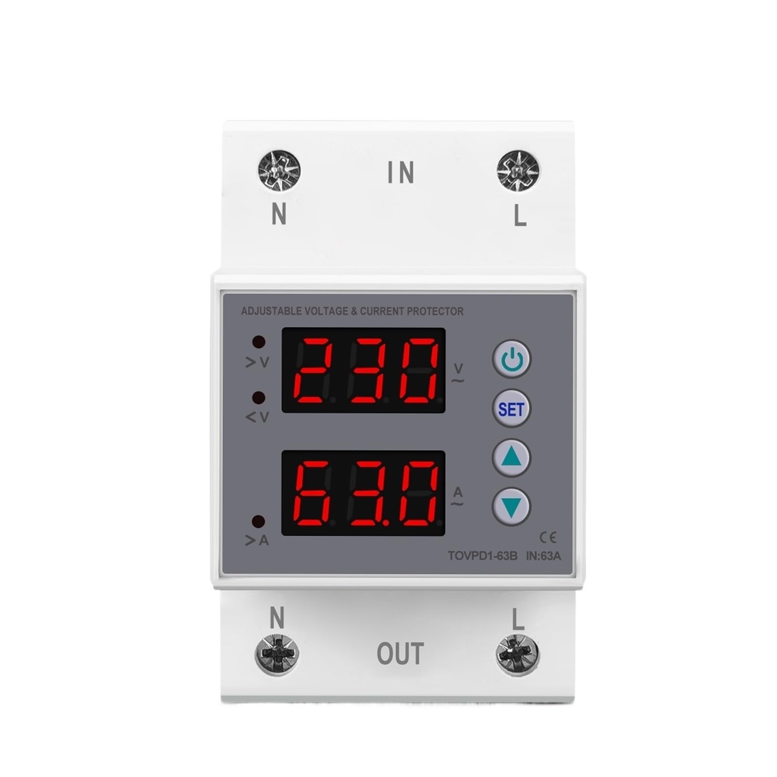 Limiteur de courant et tension réglable TOVPD1-63B 63A pour rail monophasé 230V
