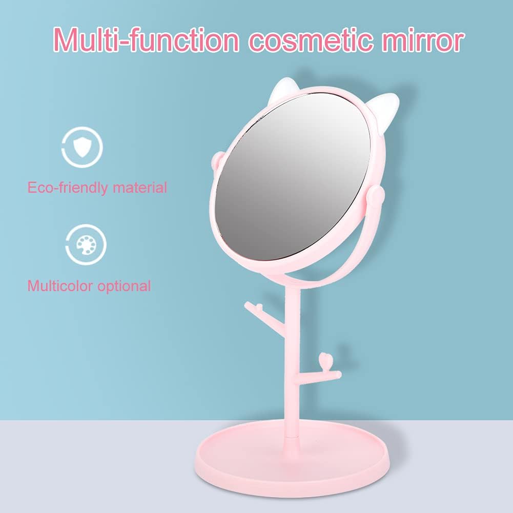 Makeup Mirror, Fashion Cute Desk Makeup Mirror, Home Rotating Cosmetic Mirror with Tray, Table Vanity Mirror for Travel(Pink Cat Ears) image 2