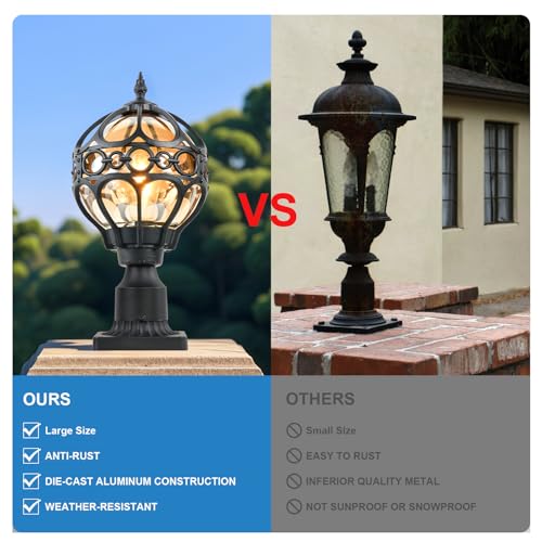 Outdoor Post Light Fixtures for Driveway Yard Lawn Patio Garden, Black Waterproof Exterior Pier Mount Post Light Outside Aluminum Post Lamp Light