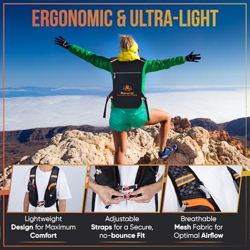 STRONGERGY Chaleco Running Hombre y Mujer, Chaleco Hidratación Trail Running 40x22cm, Dos Bolsillos Exteriores, Dos Compartimentos, Botella de 0.5L y Silbato Incluido, Mochila Correr Hombre y Mujer - imagen 3
