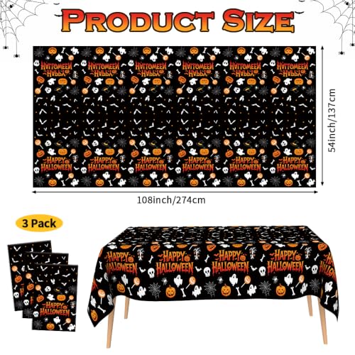 Image of Halloween Tablecloth Party Decorations - 3 PCS Happy Halloween Tablecloth Disposable, Plastic Black and Orange Pumpkin Ghost Table Cloth Cover Rectangle for Halloween Party Decor Supplies, 54 inch x 108 inch