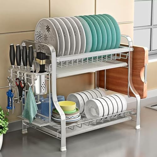 Escurridor de platos con organizador de 3 niveles, soporte para tabla de cortar, organizador de utensilios y bandeja de goteo para un almacenamiento eficiente de la cocina