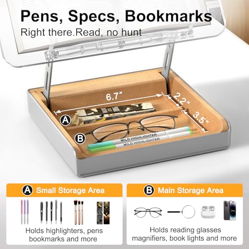 Image of Book Stand with Storage, Book Holder for Reading Hands Free, Wooden Cookbook Stand for Kitchen Counter, Adjustable Reading Stand for Desk, Recipe Stand, Book Prop for Book Lovers (Clear)